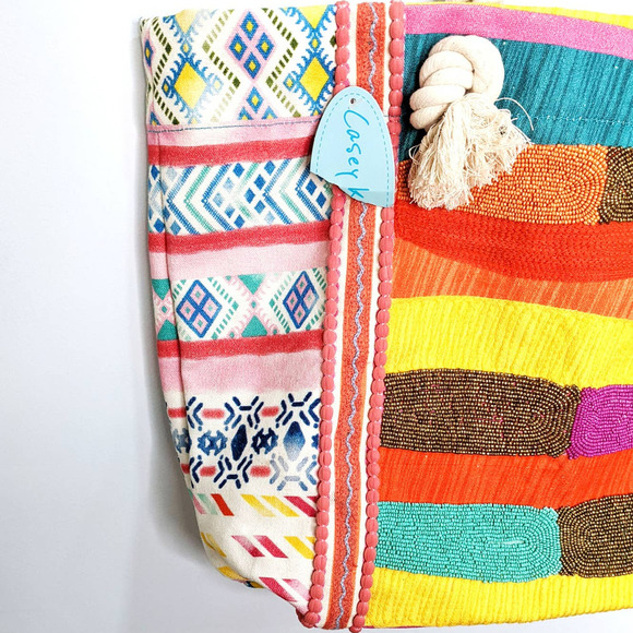 Casey Key Beaded Cotton Boho Bright Rainbow Multicolor Rope Tote Bag Purse - Picture 7 of 12